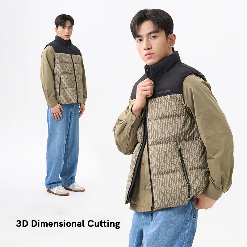 Chericom Men's New Lightweight Duck Padding Down Heated Coats Winter Stand Collar Puffer Jacket Print Colorblock Design Y309952N