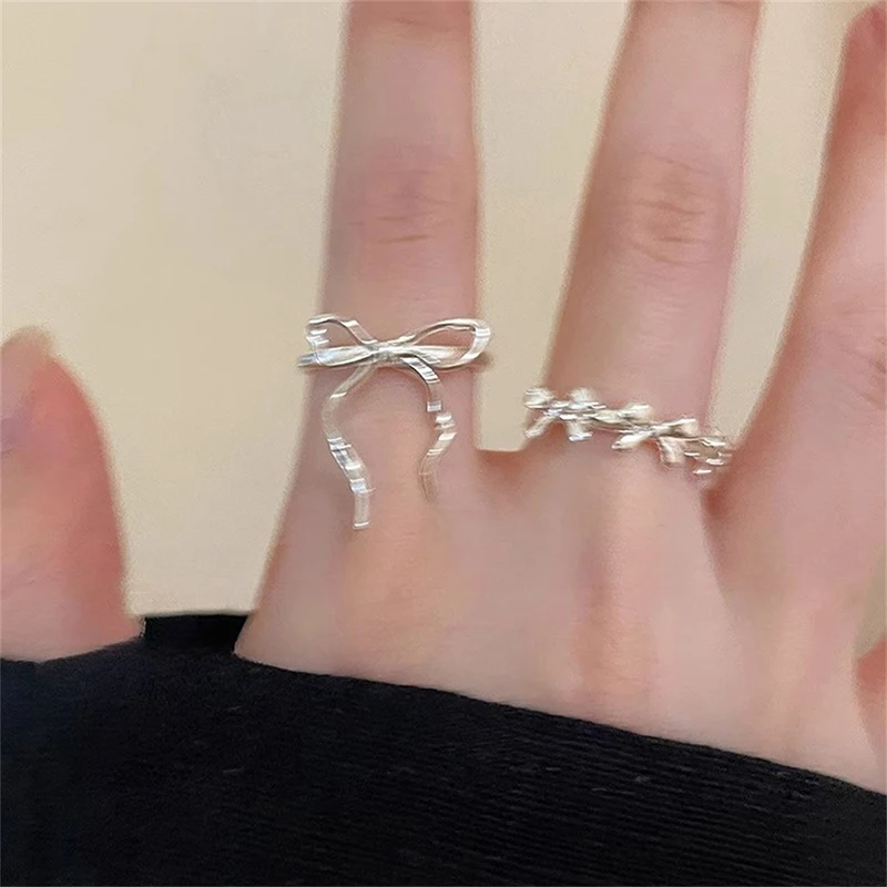 2Pcs Fashion Bow Ribbon Rings For Women Girls Sweet Cute Geometric Bow Opening Adjustable Rings Wedding Party Jewelry Gifts