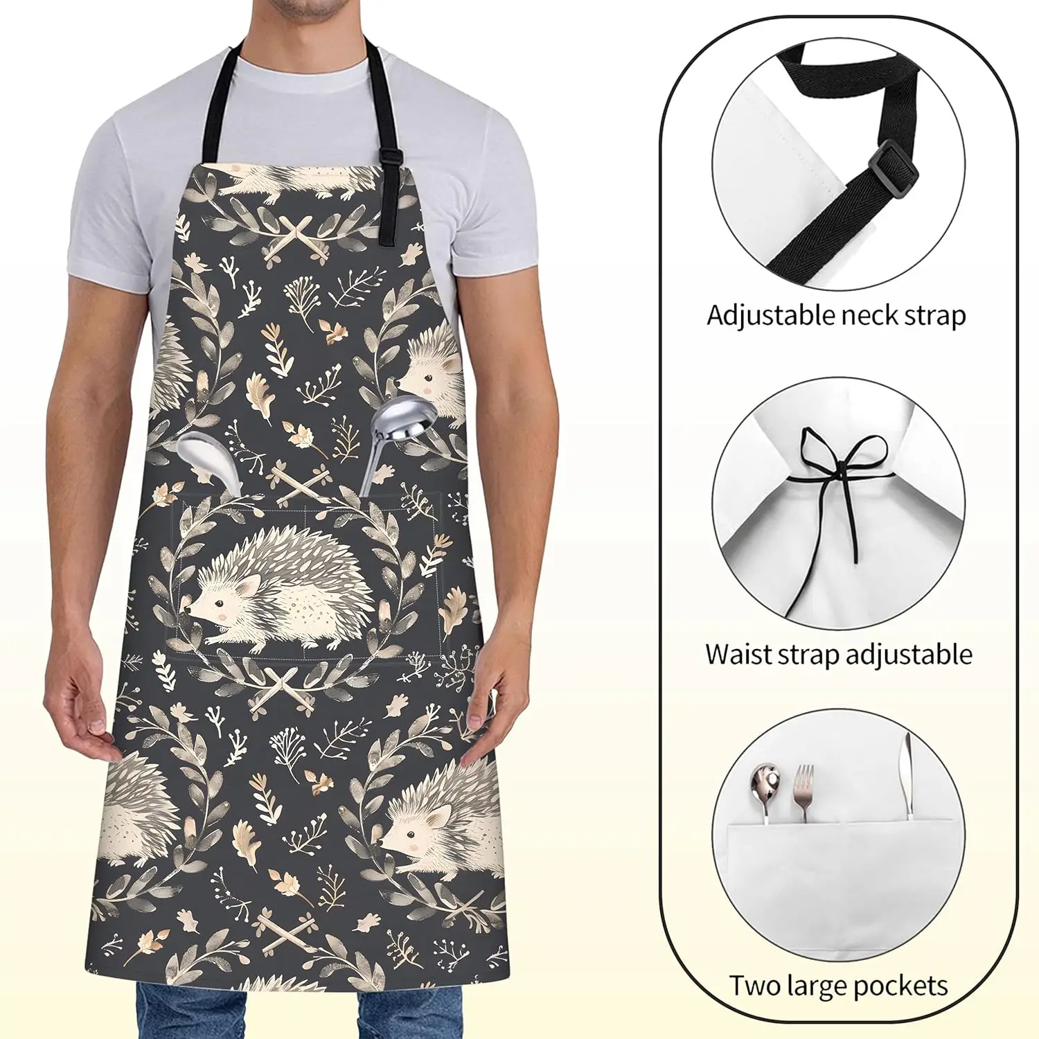 여성용 귀여운 고슴도치 앞치마, 숲속 풍경, 28x33인치, 소박한 주방 앞치마, 포켓 2개, 옥스포드 원단, 나뭇잎 무늬, 조절 가능, 다크 색상