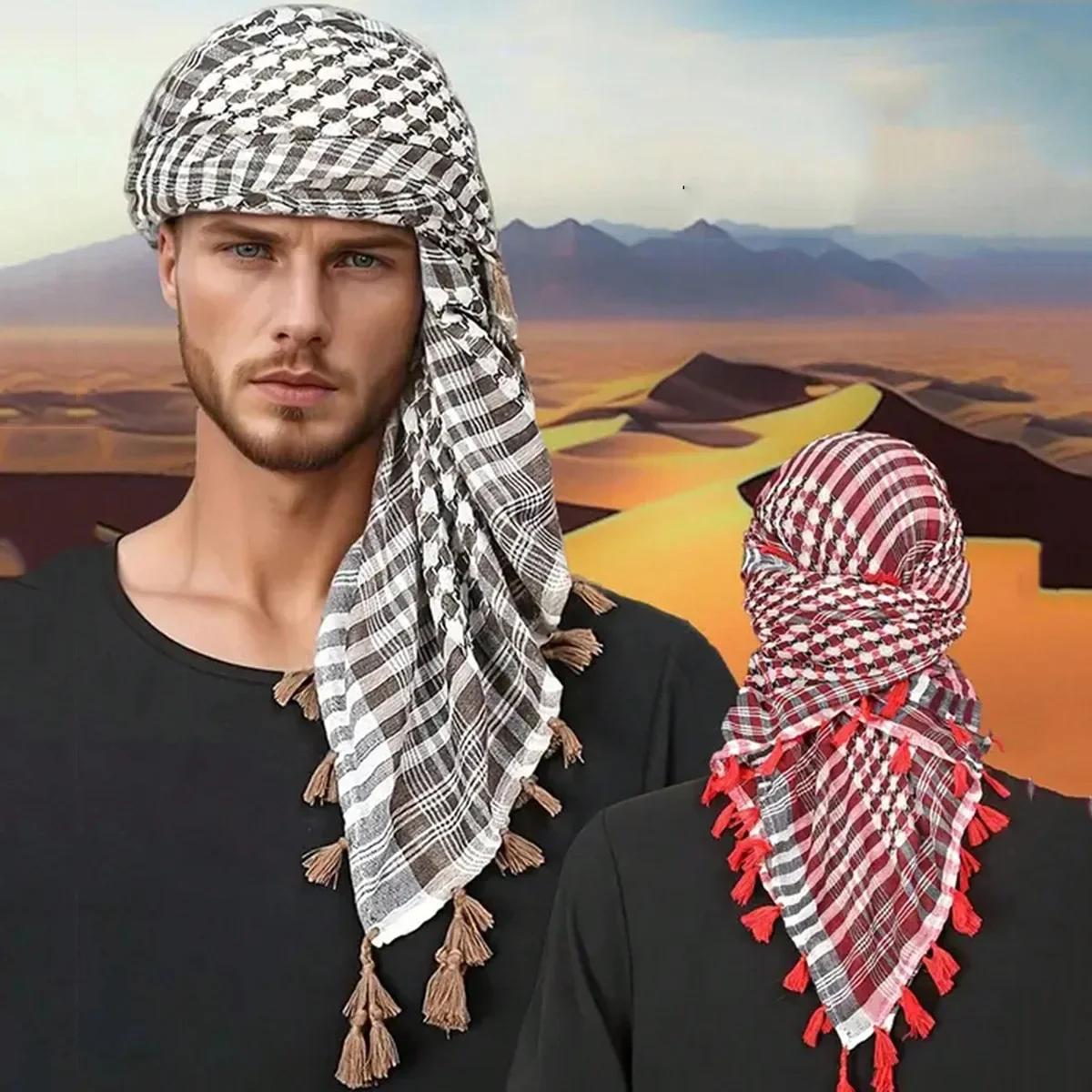 Best-selling Men's Vintage Plaid Square Scarf with Fringes, Arabic Style Multi-functional Headscarf