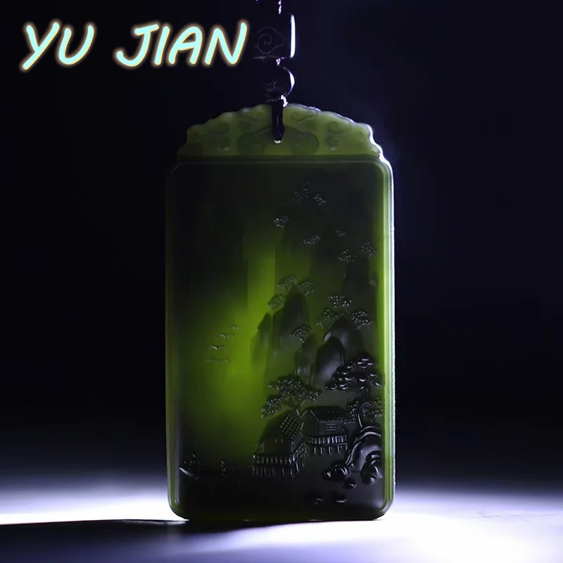 أحدث الطبيعية Hetian الأزرق اليشم نحت المشهد قلادة الزمرد غرامة مجوهرات مع سلسلة قلادة غرامة المصوغات #4