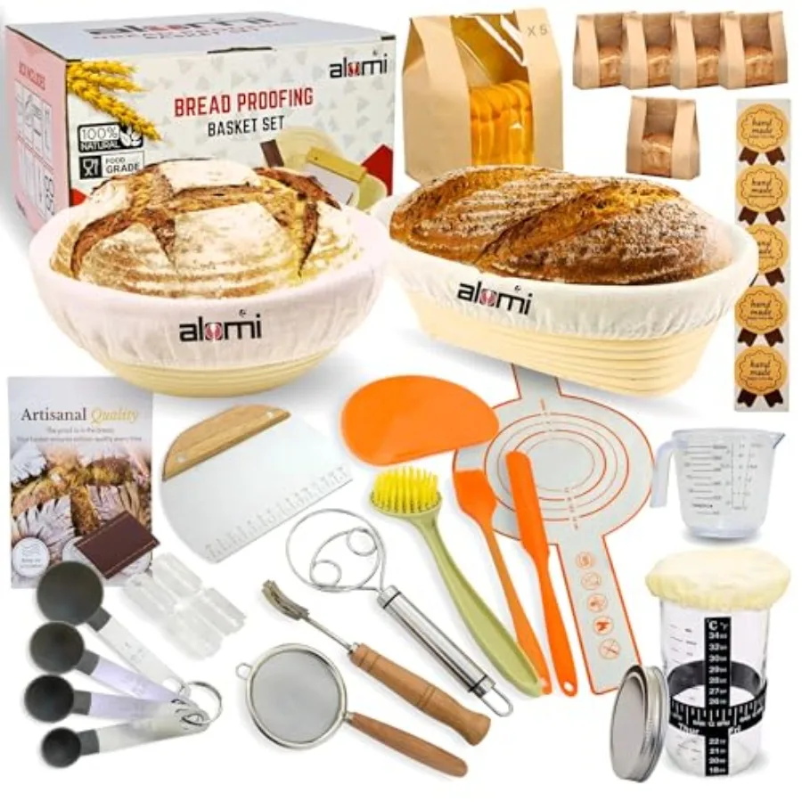 

Набор для выпечки хлеба из дрожжевого теста премиум-класса, 36 предметов, с круглыми корзинами для расстойки 9 дюймов и овальными корзинами 10 дюймов, стеклянная емкость 34 унции