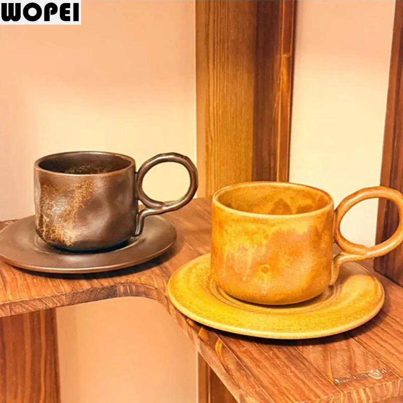 Vintage Style Coffee Cup and Plate Set Ceramic Water Cup Flower Tea Cups Milk Mug Oat Breakfast Cups Drinkware Beverage Mug
