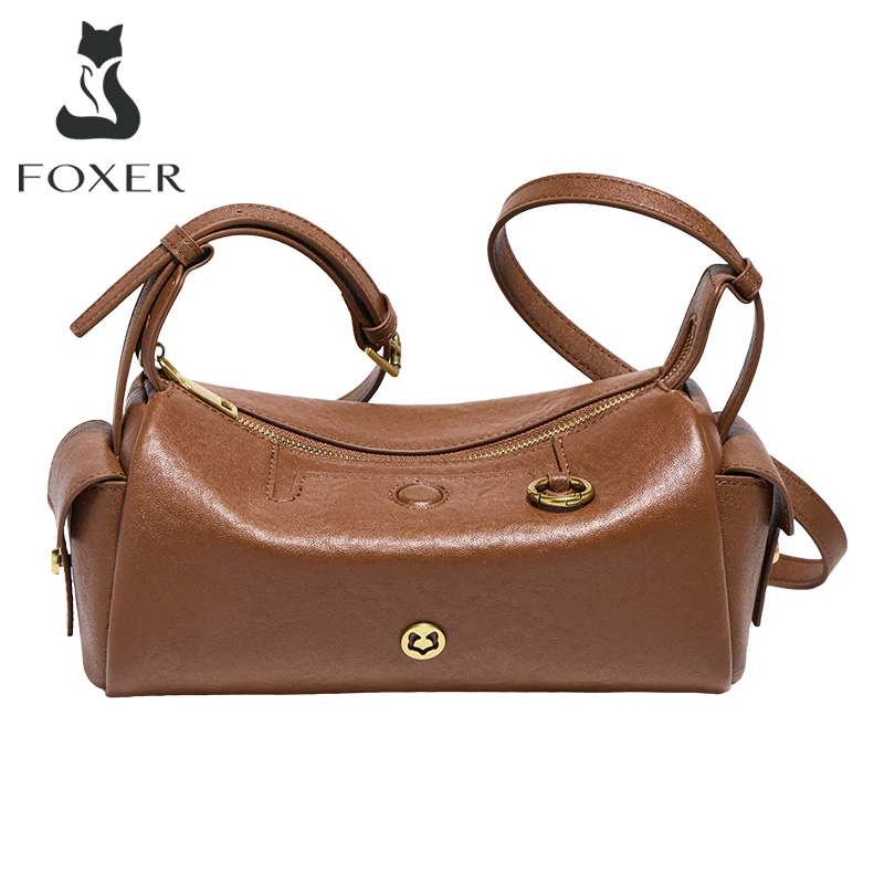 FOXER Women's Genuine Leather Zipper Pillow Bag Lady Small Crossbody Bag Female Fashion Adjustable Strap Cylinder Shoulder Bag