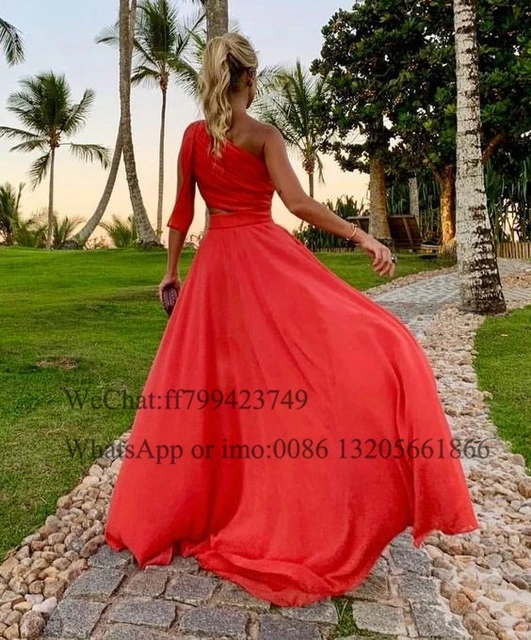 Flowing Chiffon A line Prom Dresses Red One Shoulder Pleat Long Evening Dress Cut Out Wedding Party Gowns For Women AliExpress 320