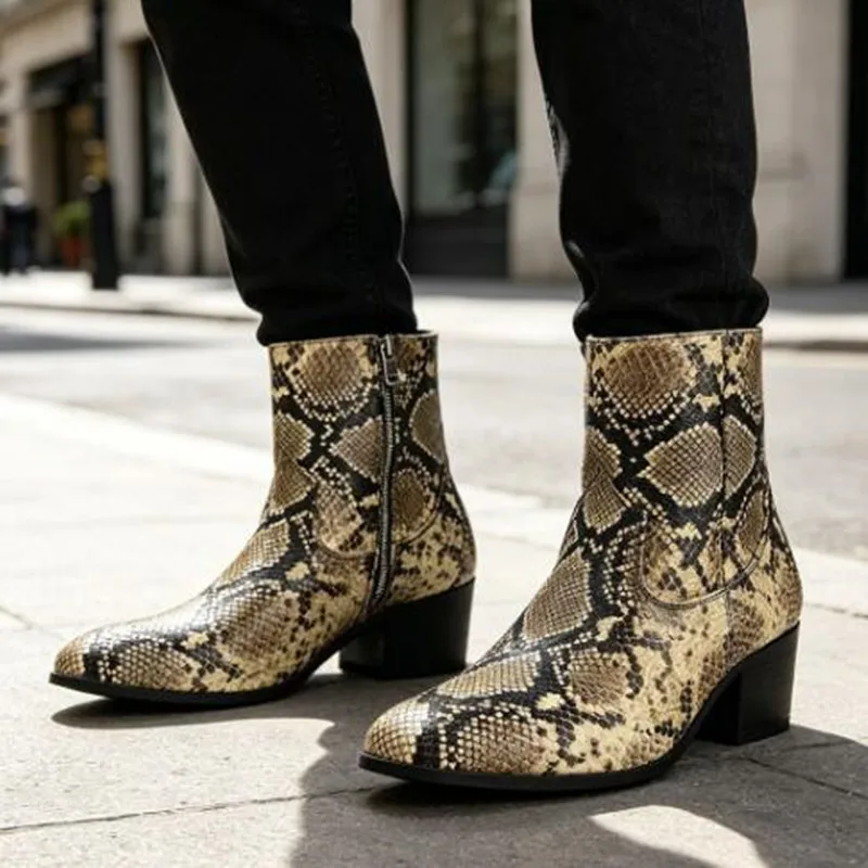 New Handmade Men High Heels Snake 2027 Fashion Skin Ankle Boots for Men Chelsea Leather High Top Mens Dress Shoes Bota Masculina