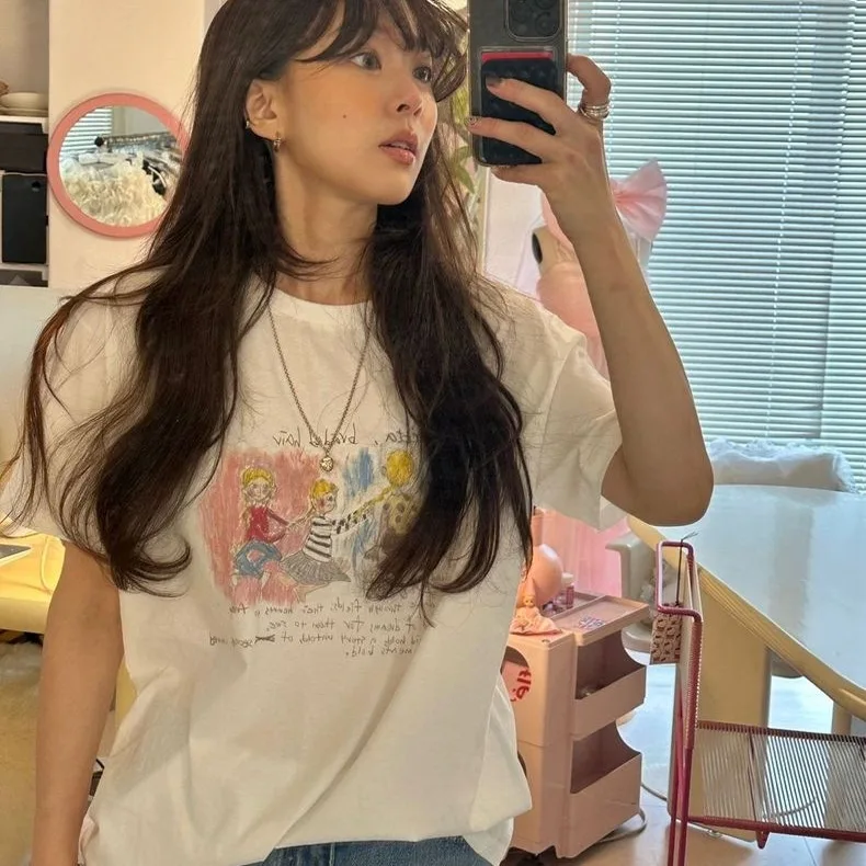 

Casual Cotton ort Sve T-irt fiti Braided Girls Print Loose Summer Top for Women round Ne Mid-Length Tee