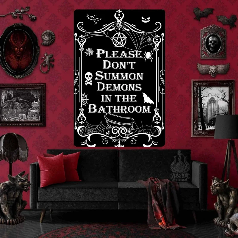 Iron Painting, Please Do Not Summon Demons In The Bathroom. Interesting Black Humor Gothic Witchcraft Bathroom Decoration