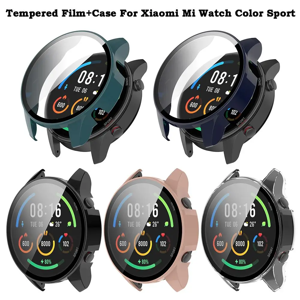 New Full PC Protective Case For Xiaomi MI Watch Color Sport Global Version Screen Protector Tempered Glass Film Clear Case Cover