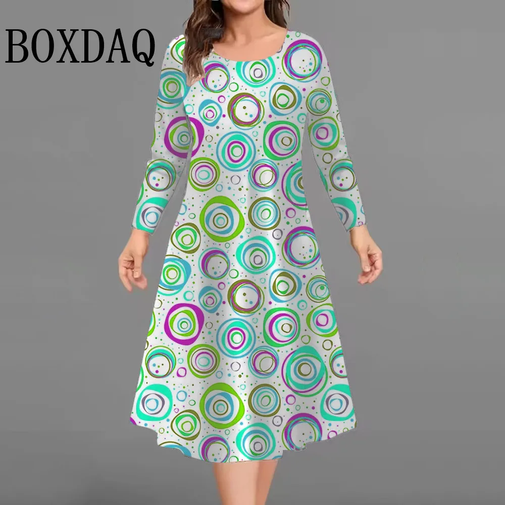 فساتين مطبوعة ثلاثية الأبعاد على شكل دائرة ملونة للنساء 2025 موضة حجم كبير فستان على شكل حرف a للخريف ملابس فضفاضة غير رسمية بأكمام طويلة 9XL