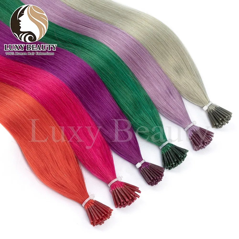 Straight Purple I Tip Micro Beads Human Hair Extensions Pink Green Blue Pre Bonded Micro Links Human Hair Extension For Salon