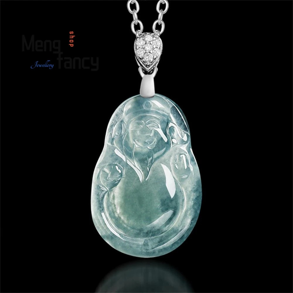 

Natural A-grade Jadeite Blue Water Little God of Wealth Ice Seed Jade Pendant S925 Silver Buckle Elegant Popular Fashion Jewelry