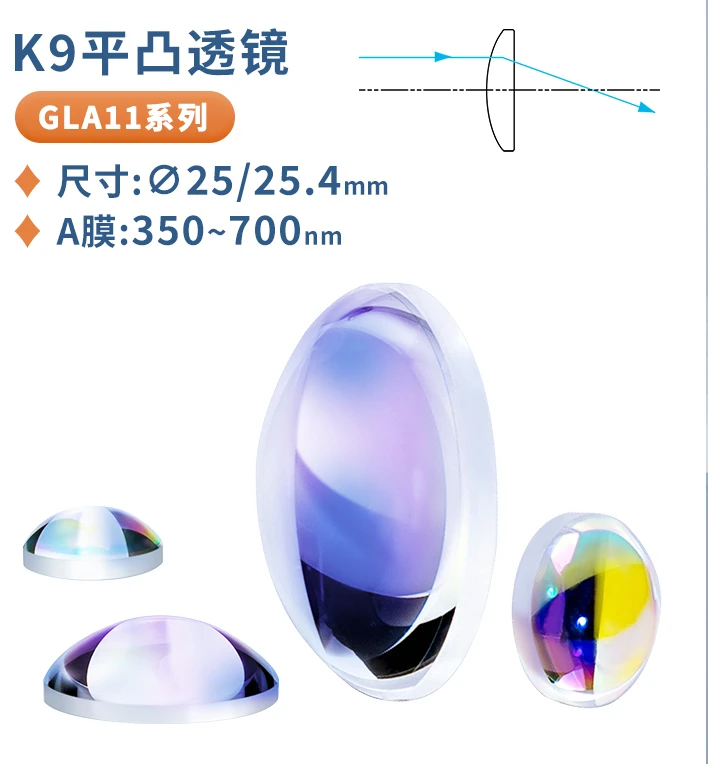 K9 plano-convex lens diameter 25/25.4mm, visible light anti-reflection A film wavelength 350-700nm optical focus collimation