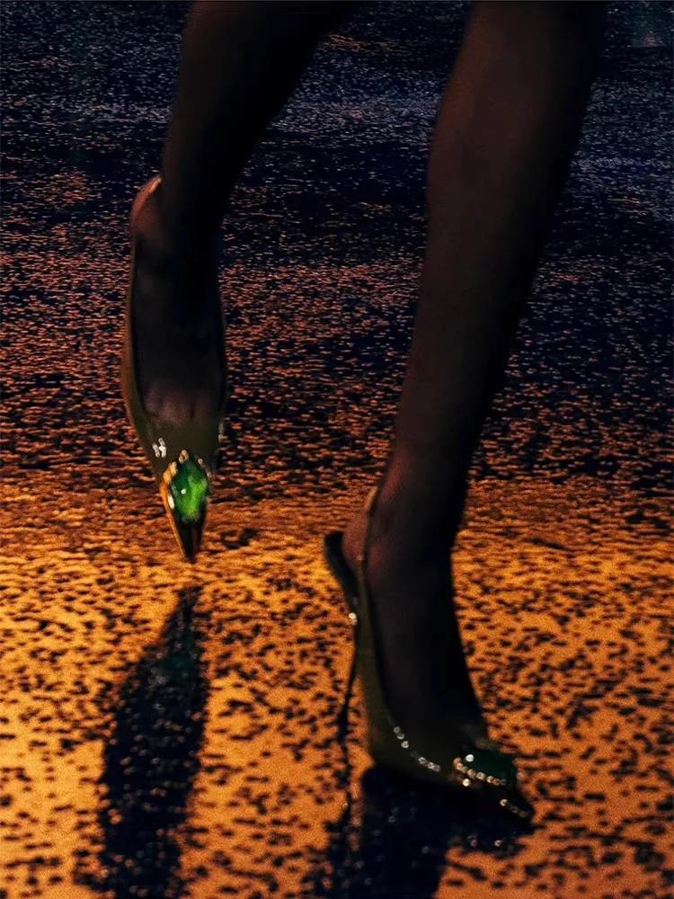 New Spring and Summer Women's High Heels High-end Metal Square Head Patent Leather Stiletto Comfortable Back Sandals