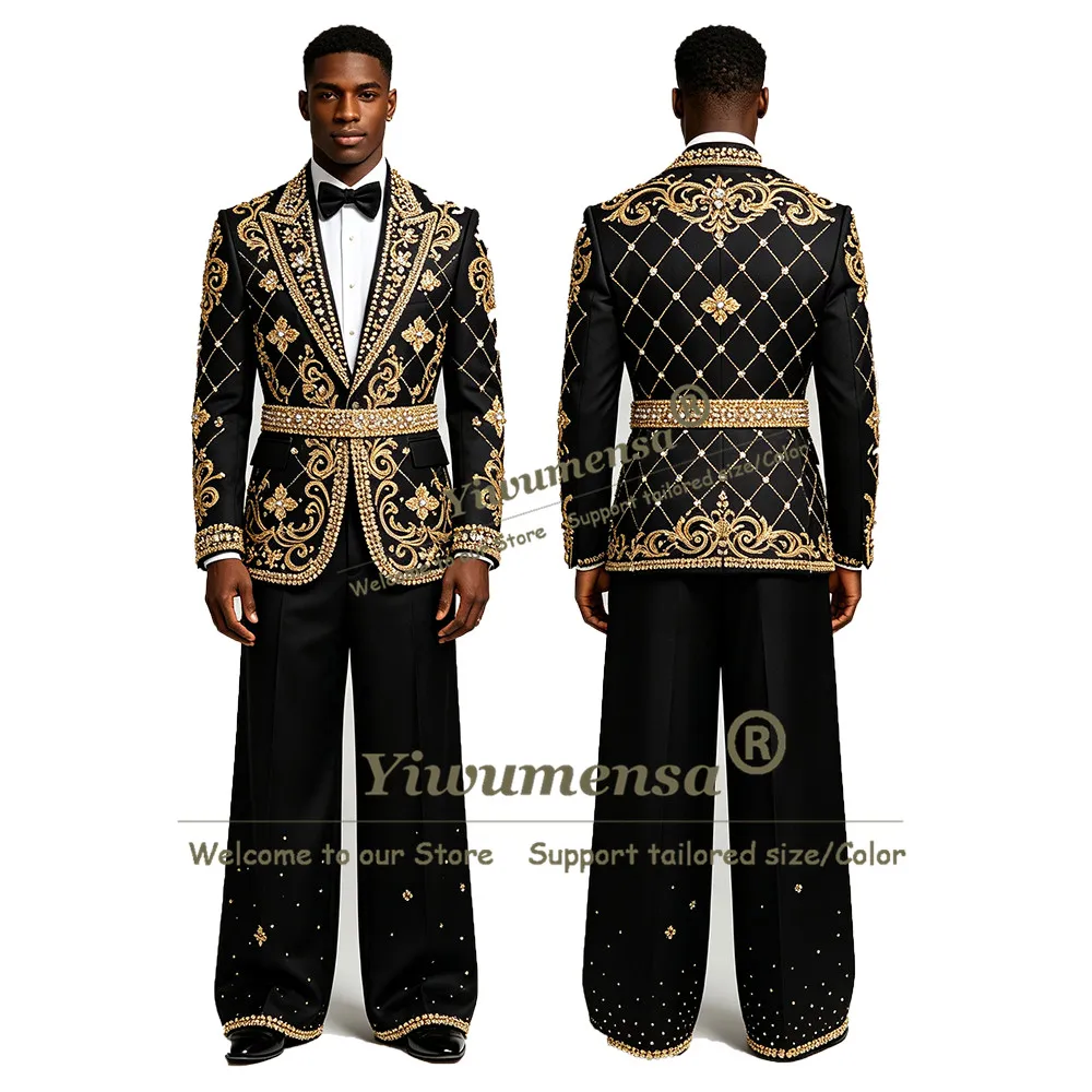 Exclusive Heavy Beading Crystals Suits Men Slm Fit Single Breasted Prom Blazer With Belt Customized Groom Wear Wedding Tuxedo