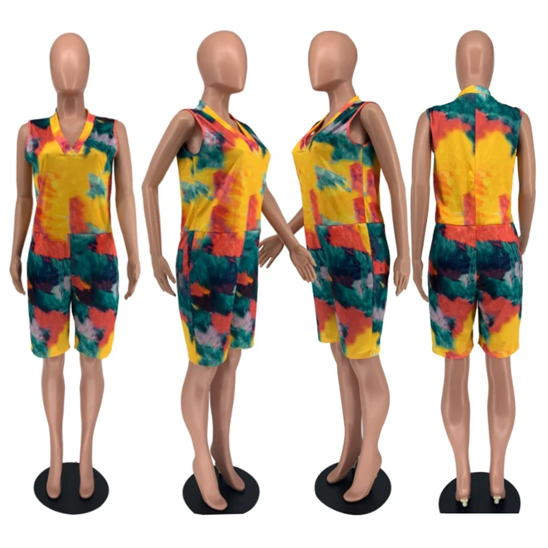 Peleles de moda de verano para mujer, Mono corto informal para mujer, traje elástico con bolsillo Tie Dye, ropa de estar por casa de una pieza 2022