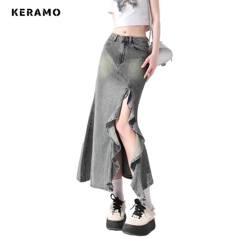 2024 Summer Women Vintage Baggy Washed Streetwear Denim Skirt Grunge 2000S High Waist Y2K High StreetSlit Lady Retro Skirt