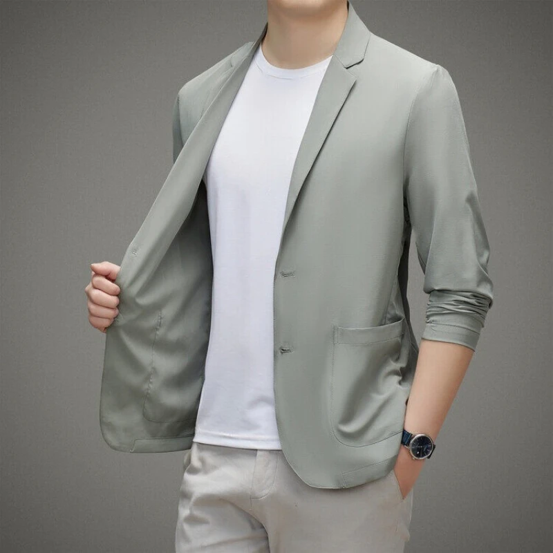 Men's Summer Thin Ice Silk Blazer Sunscreen Casual Jacket Lightweight Breathable Spring Summer Outerwear Single Suit Coat Top
