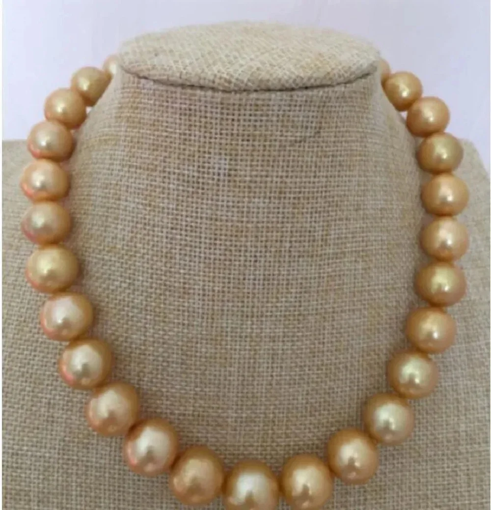 Gorgeous necklace AAAA 12-13mm natural South Sea round gold pearl necklace 16in/18in/925s lantern button