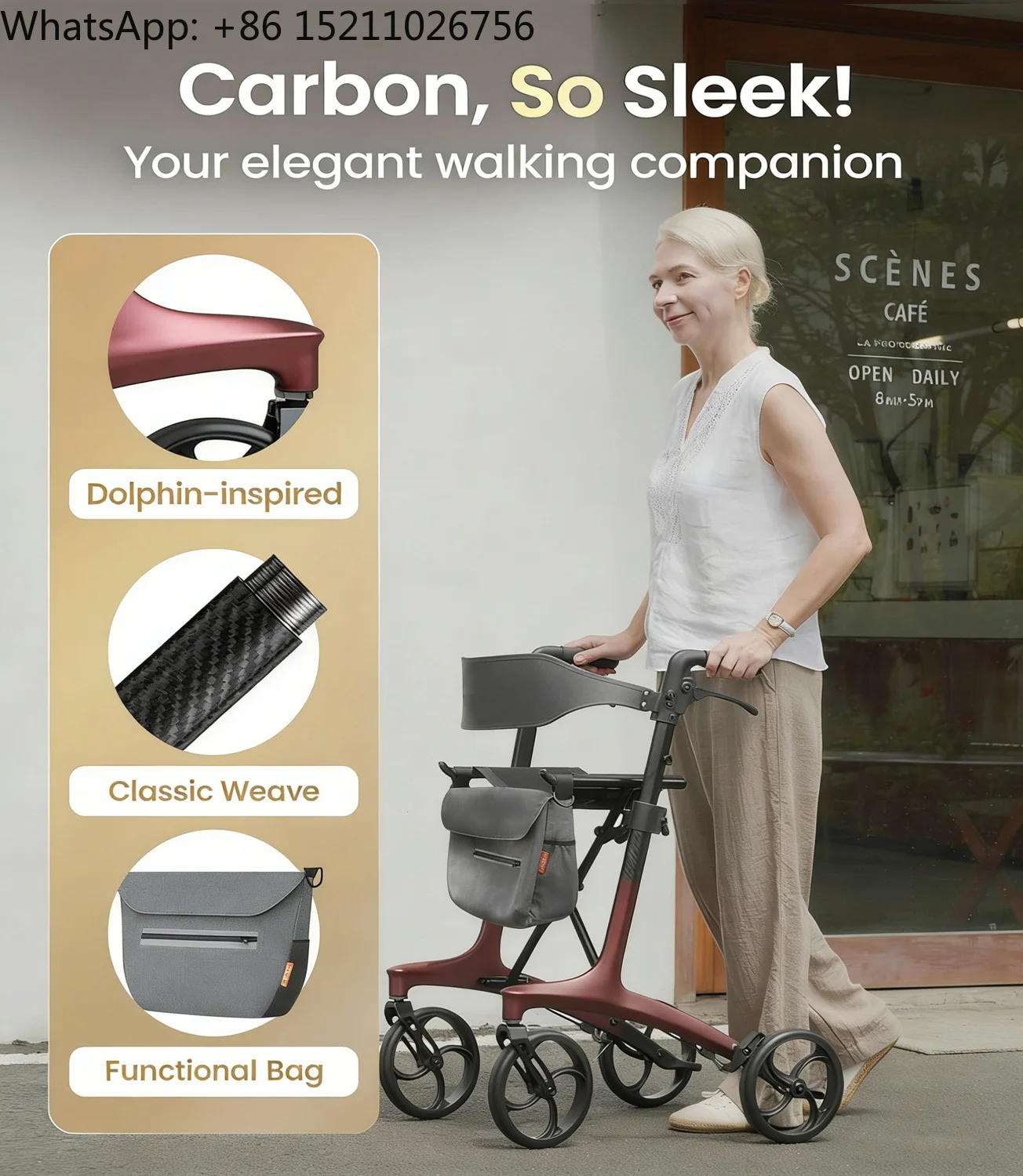 Dolphin Inspired Carbon Fiber Rollator Walker Ultra Light 5.5kg Foldable Travel Mobility Aid for Seniors With Mind Body Support
