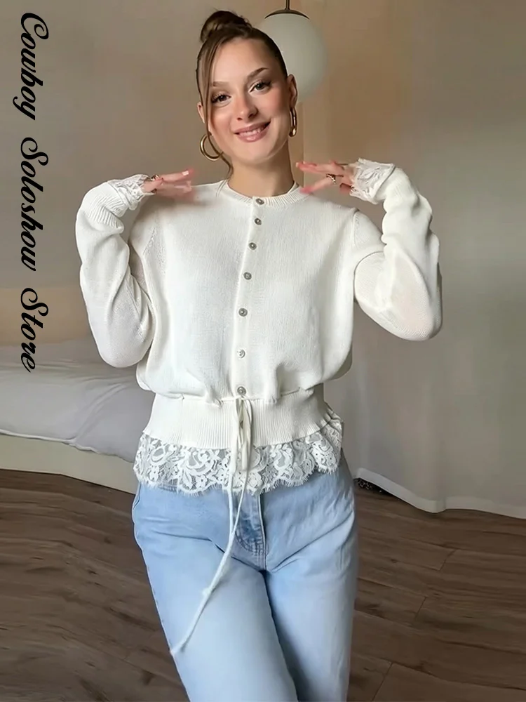 Elegant Women's Cardigan With Lace Autumn Solid Waist Cinching Round Neck Full Sleeve Knitted Sweater New Casual Clothes 2026