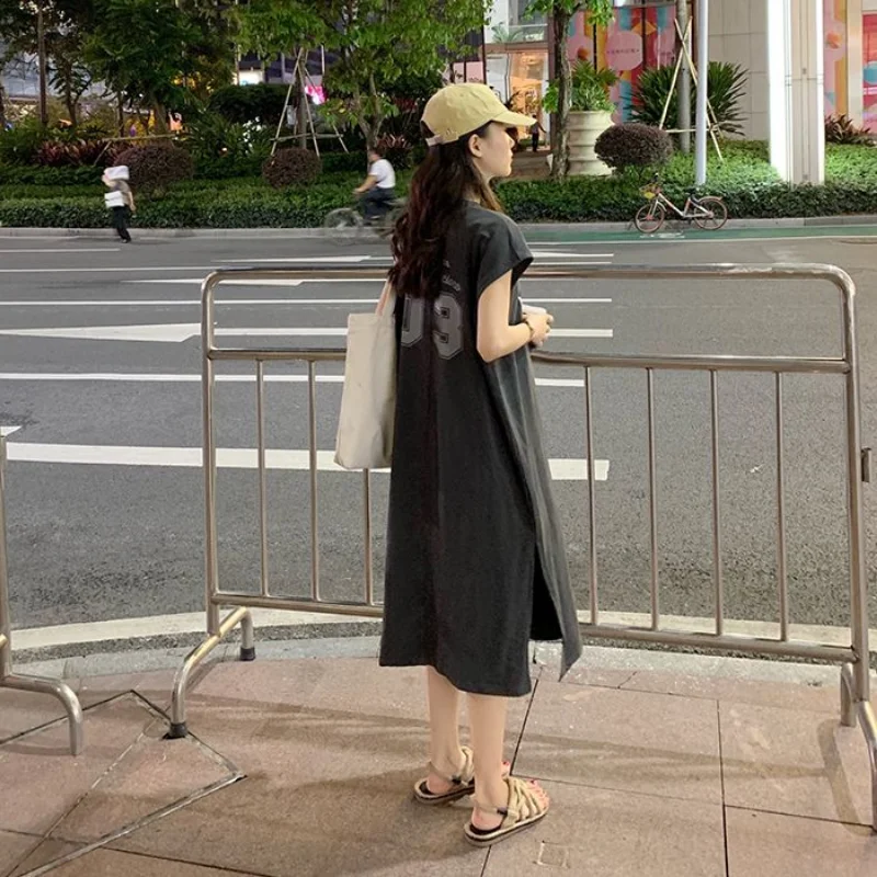 Harajuku Sleeveless Slit Hem T Shirt Dress Summer New Print Loose Solid Color All-match Midi Dress Casual Fashion Women Clothing