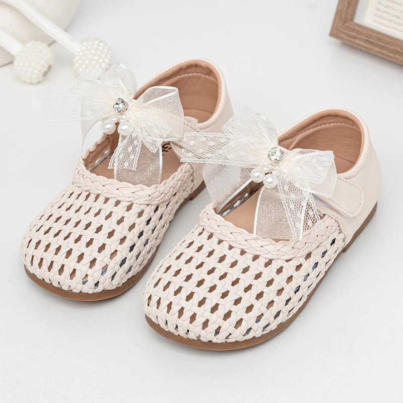 Girls Weave Mary Jane Shoes Breathable Kids Flats Sandals with Lace Bow-knot Children Princess Leather Shoes Size 23-36