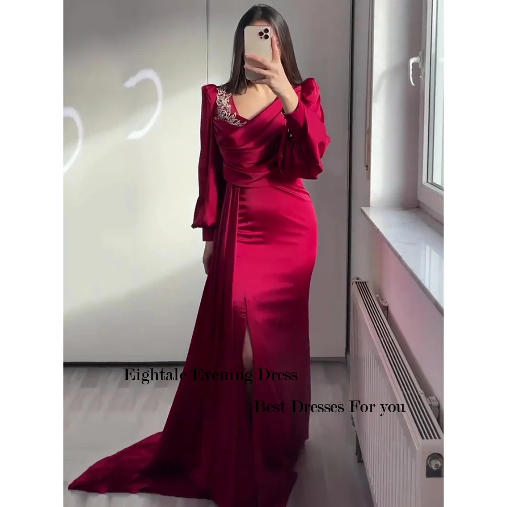 Red Long Puff Sleeve Evening Dress Women Elegant Luxury Appliques Beads Arabic Floor Length Prom Party Gown vestidos de noche