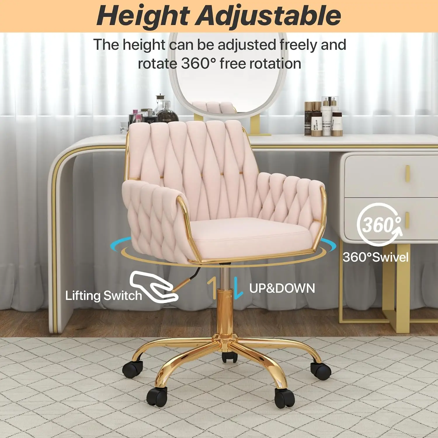 Velvet Home Office Chair, Modern Height Adjustable Cute Vanity Chair, 360° Swivel Makeup Chair Desk Chair with Golden Base image 5