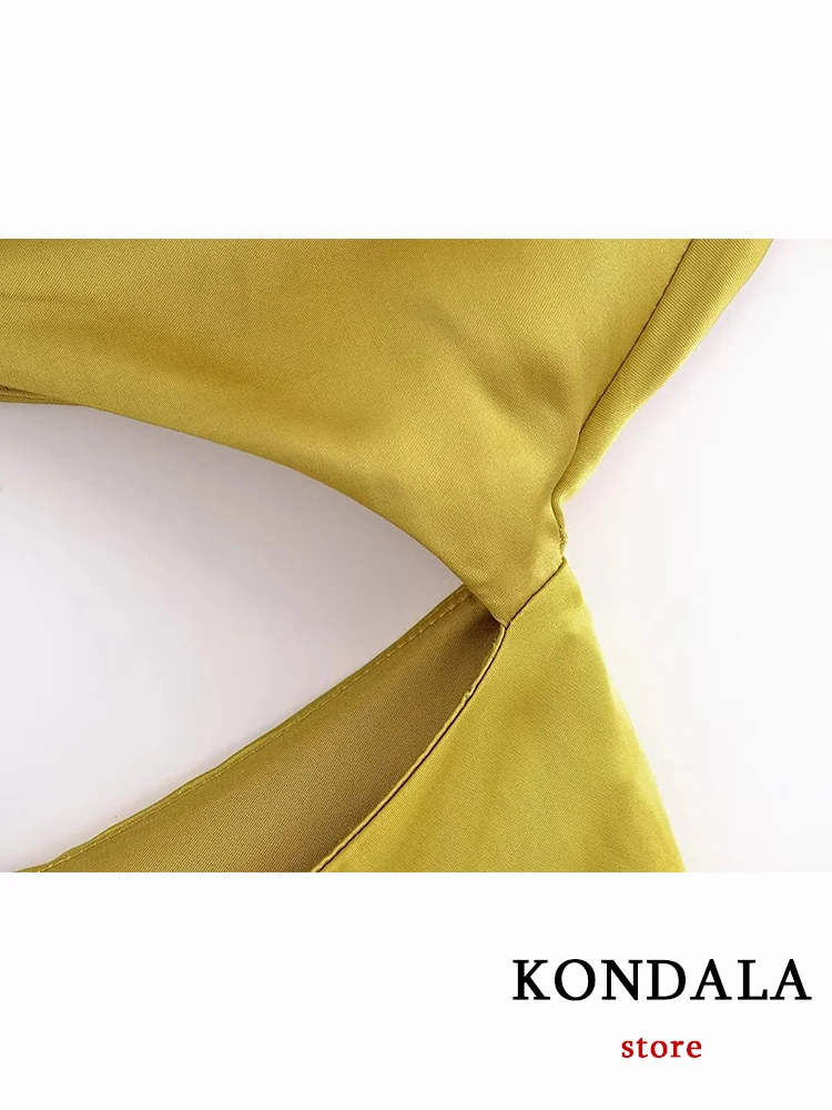 KONDALA Chic Solid Yellow Silk Luxury Single Sleeve Diagonal Collar Bare-midriff Pleated Women Dress Long Night Party Vestido