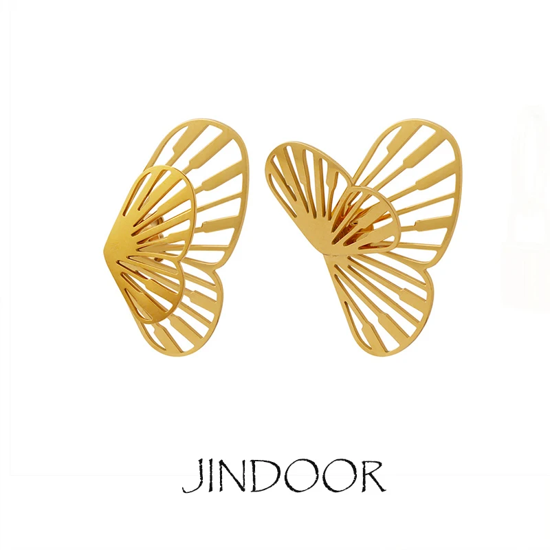 JINDOOR Titanium Steel Plated 18k Gold Butterfly Wings Earrings, Romantic Simple Woman Earrings