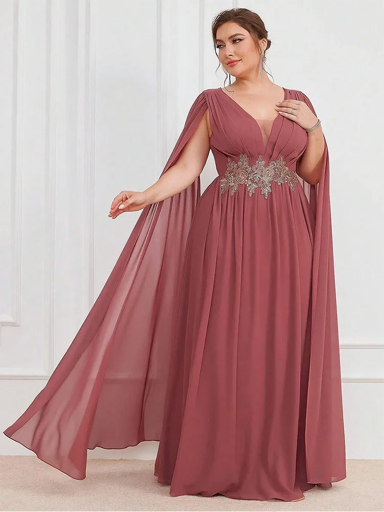 S-7xl V-Neck Flesh Pink Sleeveless Chiffon Luxury Floor-Length Wedding Evening Dress 4xl5xl Big Size Chiffon Bridesmaid Dress