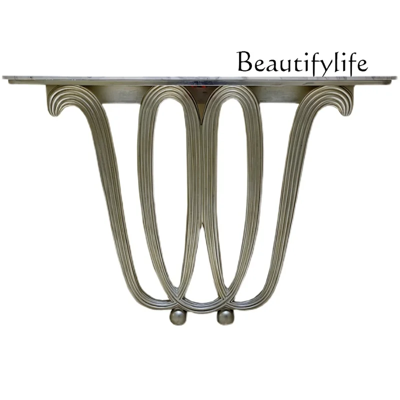 

American high-end light luxury entrance cabinet marble entrance table solid wood carving ultra-narrow decorative table