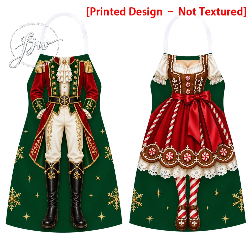 2pcs Christmas Couples Matching Aprons Vintage Nutcracker and Gingerbread Maid Printed Holiday Kitchen Aprons for Party Cooking