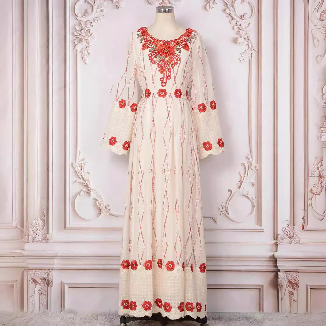 Muslim 2024 New Summer Dress Embroidered Flower Decoration Round Neck Long Sleeves Casual And Elegant Apricot Robe With Belt