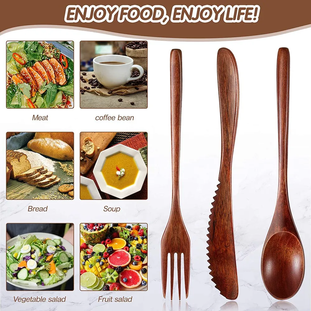 New A26P Wooden Spoon Fork Knife Cutlery Set Wooden Dinner Utensil Set Kitchen Wooden Flatware Tableware Cutlery Set (24 Pieces)