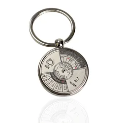 Portable Perpetual Calendar Keychain Ring Unique Metal Keyring 50 Years Calendar Sun Moon Carving Gift