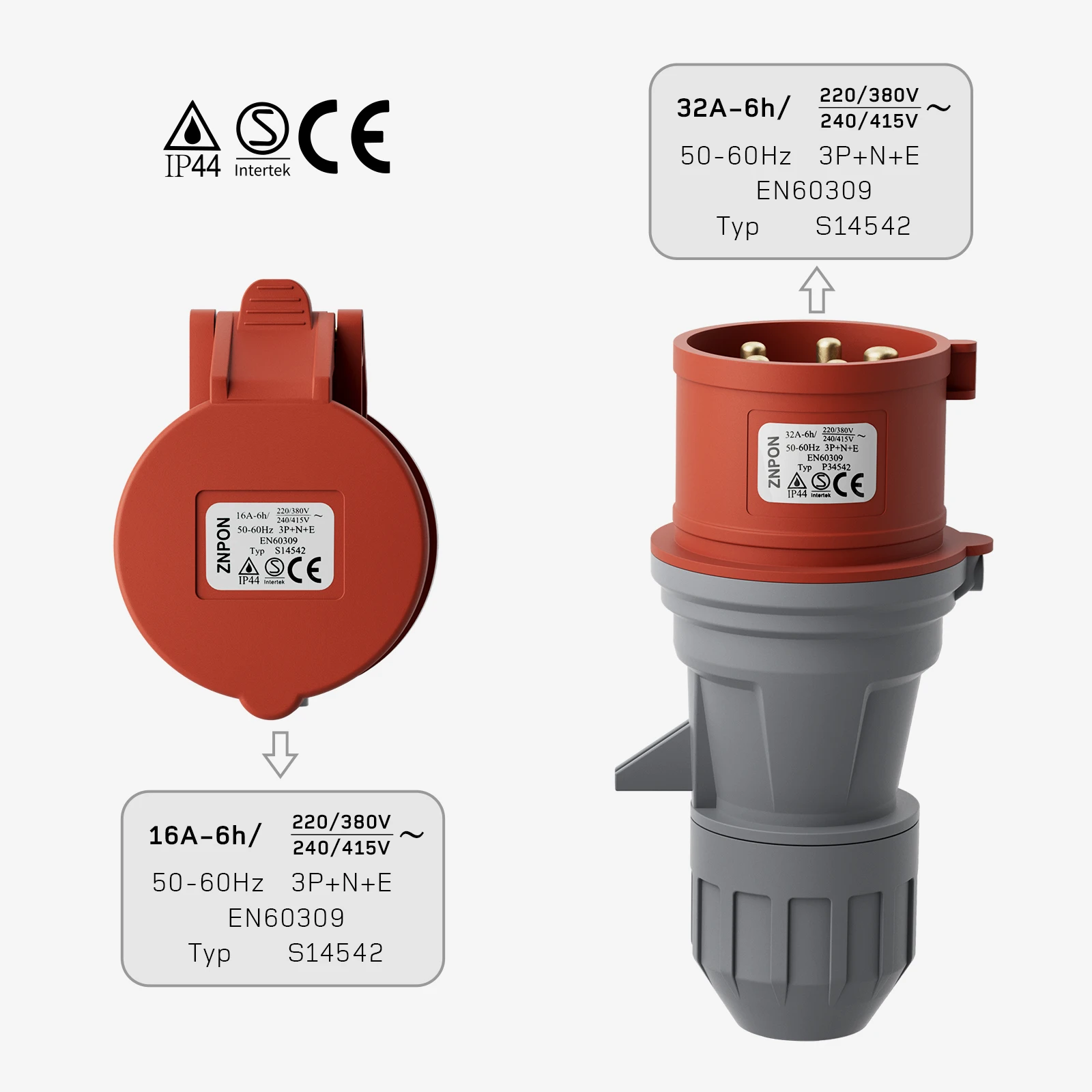 dé CEE 32A to 16A Adapter 3 Phase 400V CEE Male to Female 5-pole High Current Adapter with IP44 Protection Class