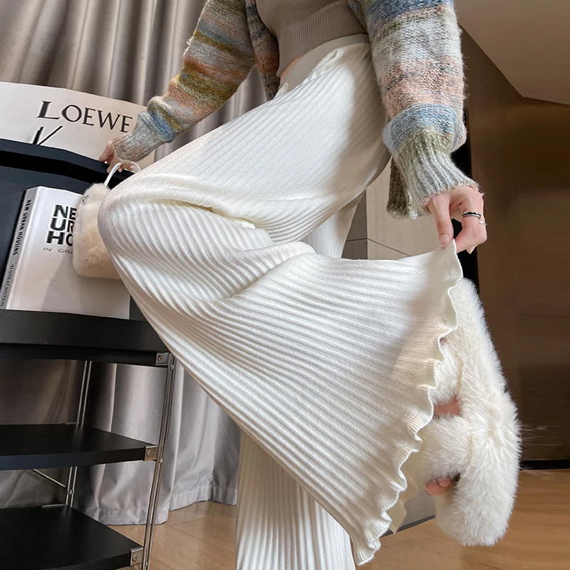 

2024 New Arrival Autumn Winter Korea Style Women Knitted Ankle-length Pants Casual Loose Elastic Waist Wide Leg Pants V180