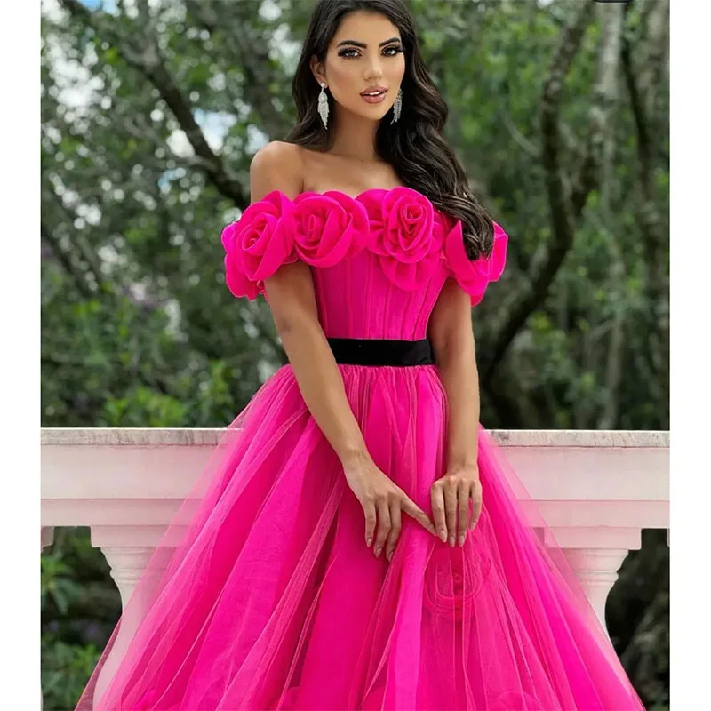 Elegant Long Fuchsia Evening Dresses with Hand Made Flower A-Line Bateau Neck Tulle Pleated Sweep Train Prom Dresses for Women