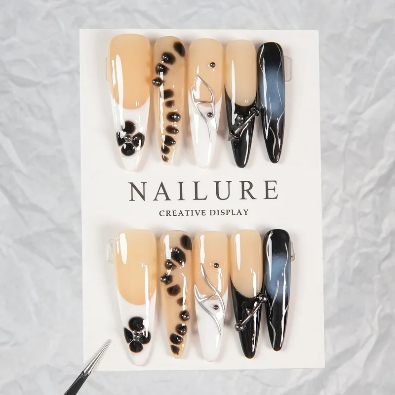 Nude Black Cow Print Press On Nails Long Stiletto Fake Nails 3D Silver Line Metal Charm Glossy False Nail Tips Women Fashion Par