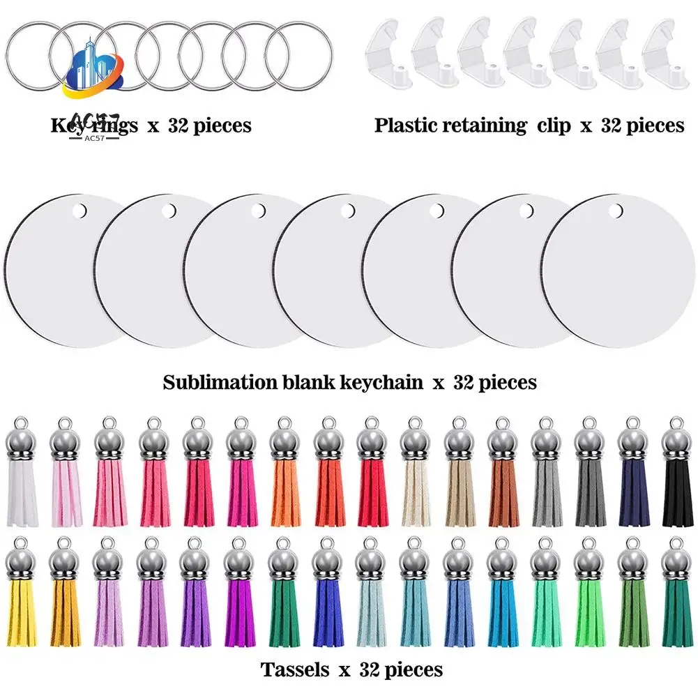 

AC57-128Pcs Sublimation Keychain Blanks Set Key Rings Sublimation Blanks Heat Transfer Keychain Tassels MDF Blank