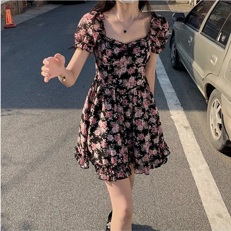 Floral Women's Dress 2023 Summer Flower Printing Backless Sundress Y2K Sweet Mini Skirt Beach Short Sleeves One Pieces Korea Ins