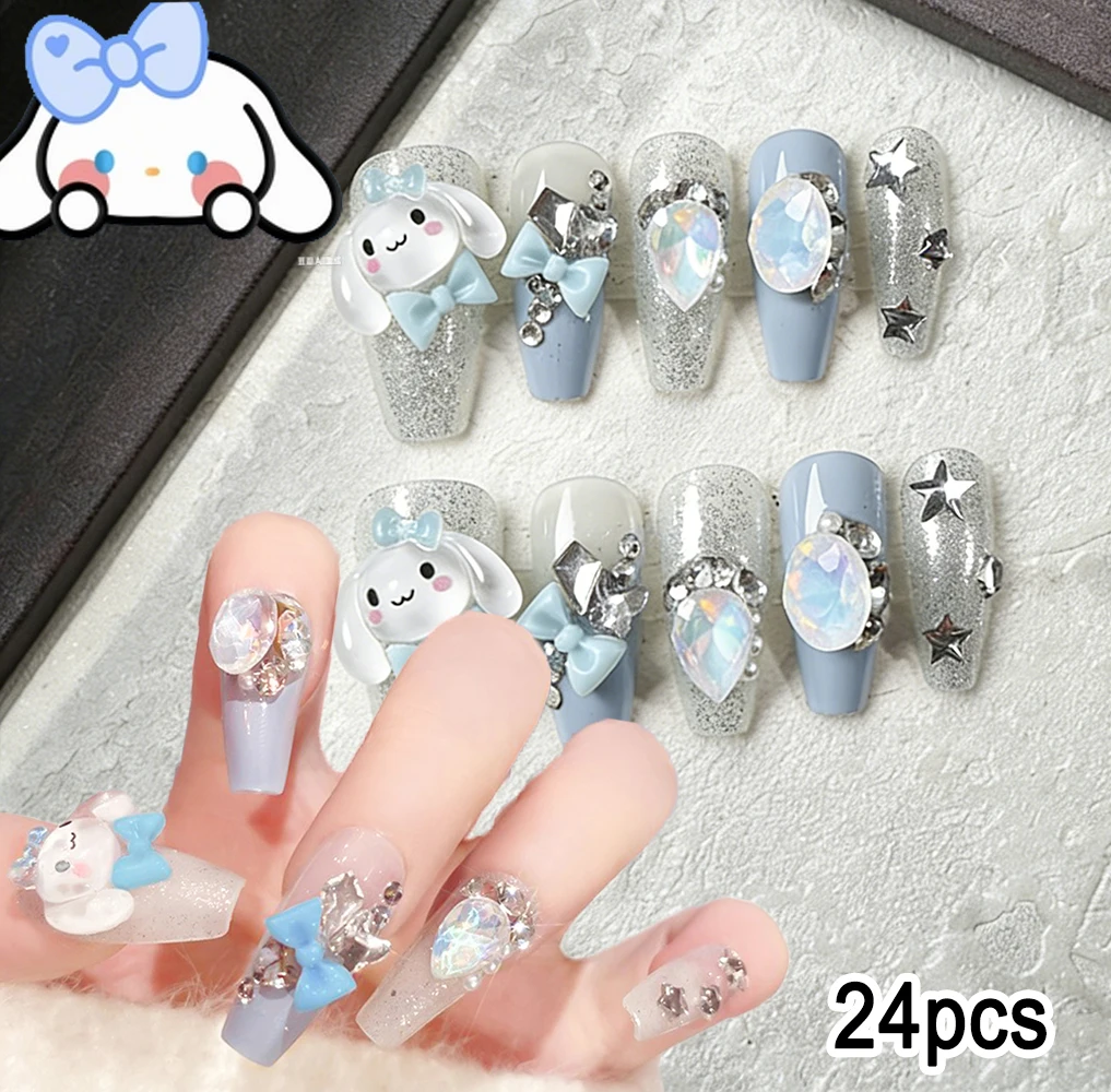 24 Uñas Postizas con Diseño de Cinnamoroll, con Lazo, Brillantes, Largas, en Forma de Ataúd, con Cristales y Decoración de Estrellas