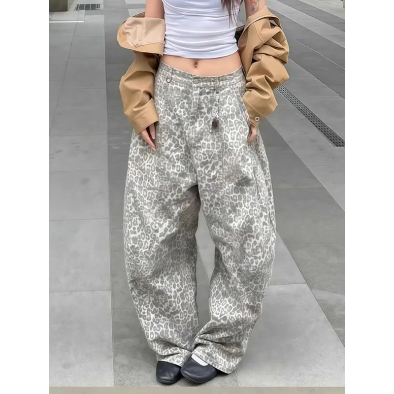 Women's American Retro Stitching Leopard Print Jeans Streetwear Hip-hop Loose Straight Trousers 2025 New Y2K Wide Leg Denim Pant