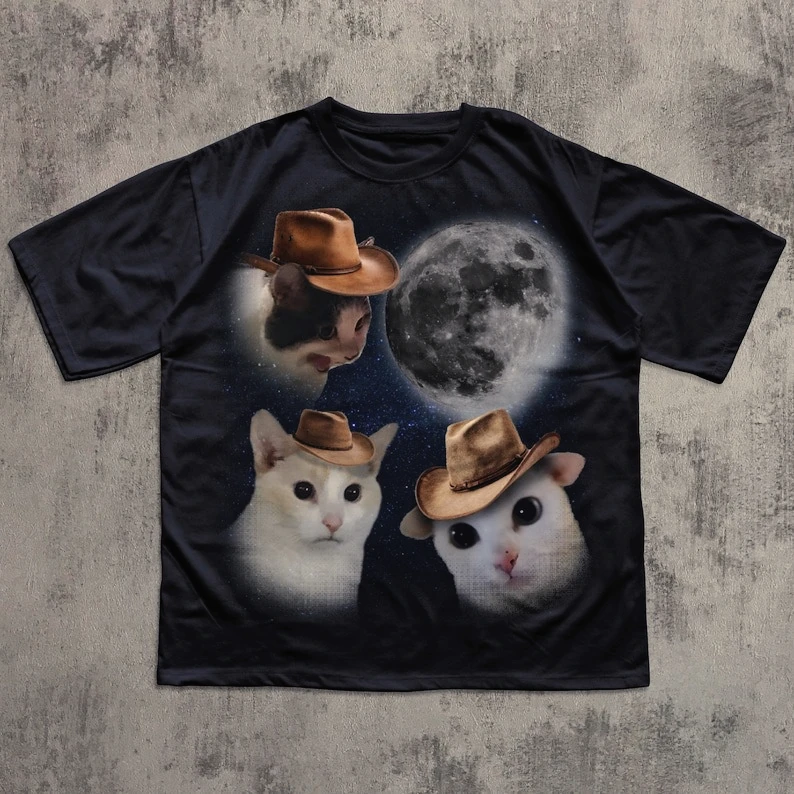 面白いY2K風の面白い猫プリントコットンTシャツ、90年代レトロ子猫ヴィンテージグラフィックTシャツ、猫好きへのギフト、ミームTシャツ、男女兼用トップス