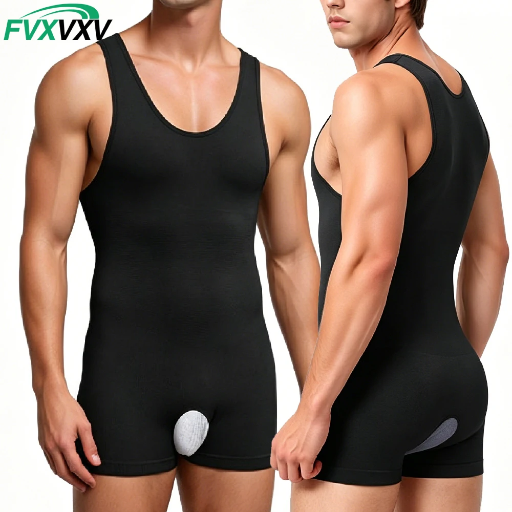 1PC Men's Sleeveless Full Body Shaper, Seamless Compression Bodysuit, Tummy Control Slimming Fajas Underwear for Fitness Workout
