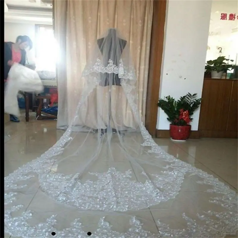 Real Image Wedding Veils Three Meters Wraps Applique Crystals Two Layers Cathedral Length Bridal Accessiores