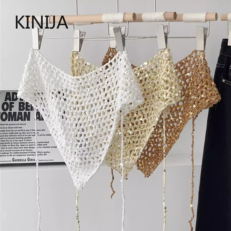 Ins Style Sequined Hollow Knitted Triangle Scarf Women Summer Travel Photo Atmosphere Versatile Casual Y2K Beanies Headband - view 6