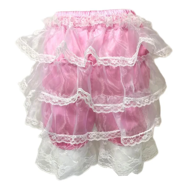 French Sexy Adult Customized Fetishist Crossdressing Sissy White Organza Spliced Pink Satin Lace Fold Bow Inlaid Shorts